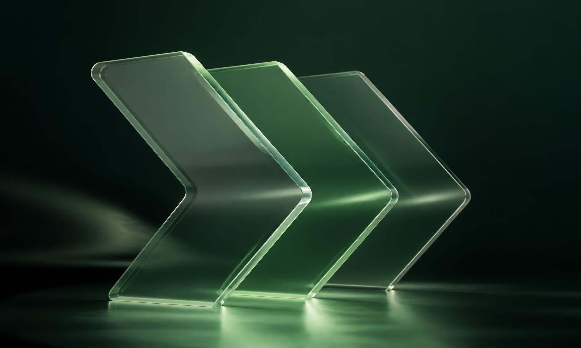 Three glass chevrons in MethodWerx greens, symbolising momentum from strategy to delivery